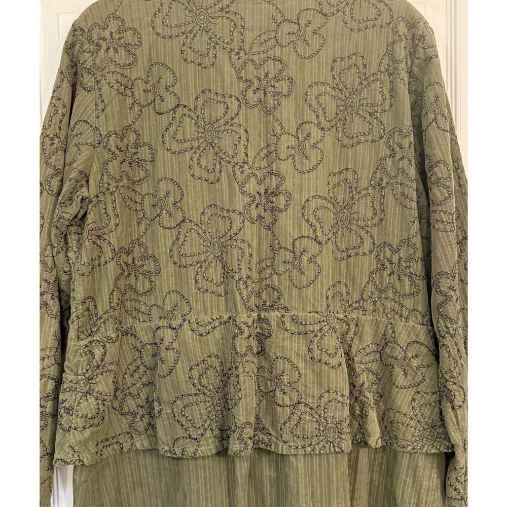 VTG Flax Shirt Dress‎ MED Green Corduroy Floral Embroidery 100% Cotton Lagenlook - Picture 7 of 14